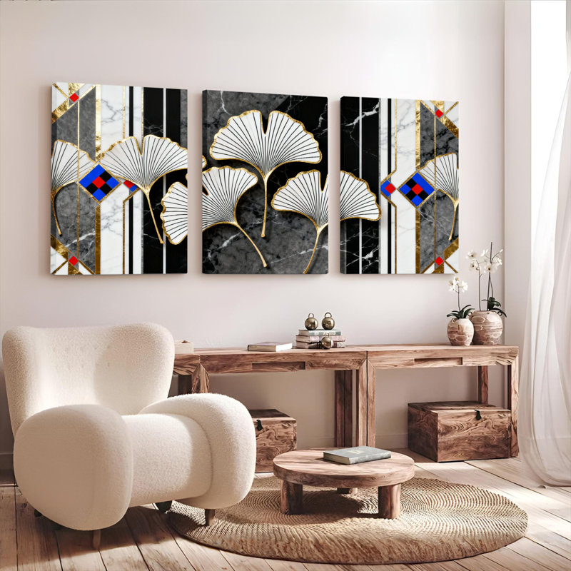 Tableau abstrait sur toile tendue, motif feuille de ginkgo et géométrie, fond marbré moderne (paquet de 3), H 18 po x l 36 po