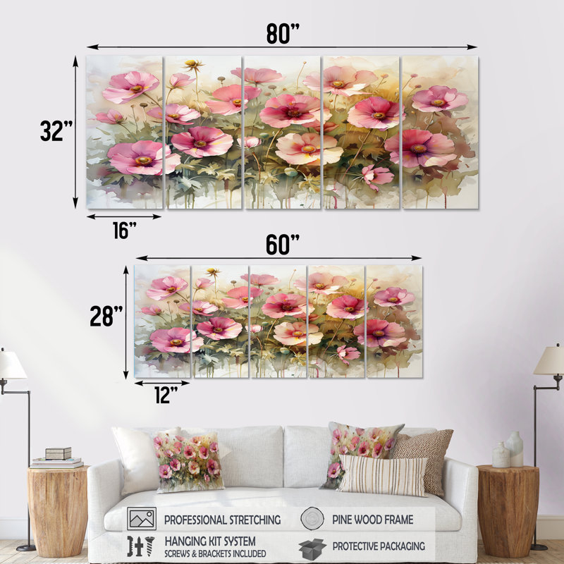 Rose et vert, fleur d'or, prairie II - ensemble d'art mural Buttercups, H 28 po x l 60 po