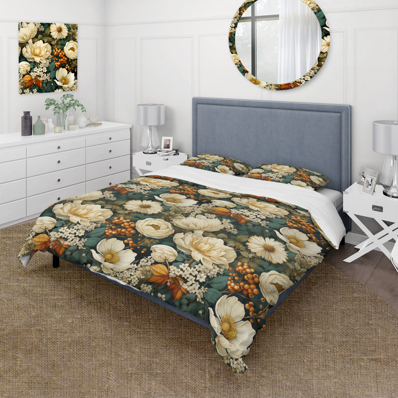 Ensemble de housse de couette Earthy Greens Chrysanthemum, Housse de couette pour très grand lit et 2 très