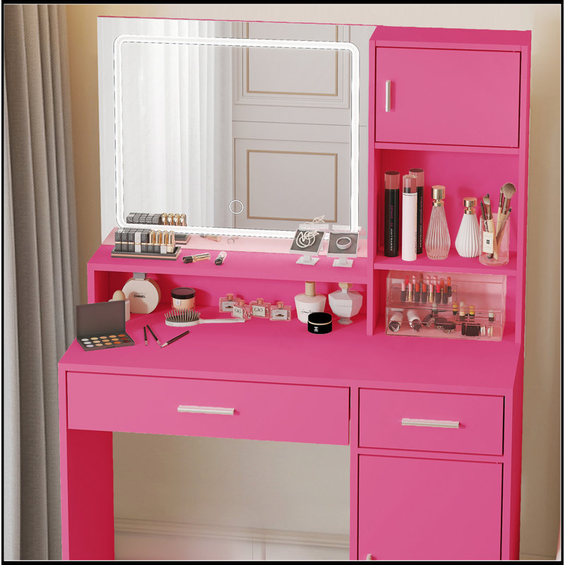 Vanity Desk With Mirror And LED Light Strip,Dressing Table With Large Drawer, 3 Level Storage Dresser & 3 Lighting Modes Adjustable Brightness, Suitable For Bedroom