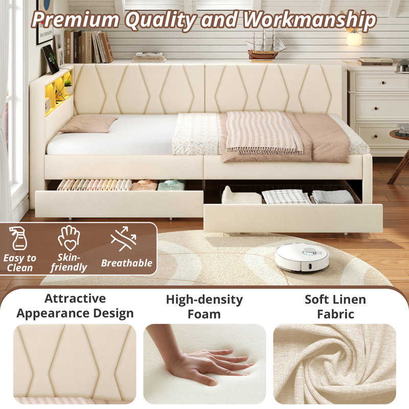 Modern Storage Daybed With Usb Charging & Rgb Lighting - Convertible Left/right Design, No Box Spring Needed, Beige