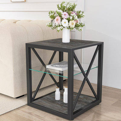 1 piece Modern End Table Nightstand for Bedroom & Living Room, Tempered Glass& Rustic Wood Grain MDF, Industrial Style Side Table