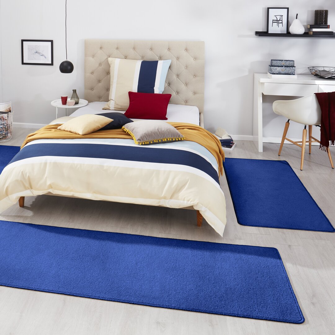 Fancy Bettumrandung 3-teilig - Bettvorleger Teppichläufer Kurzflor Läufer für Schlafzimmer - Blau