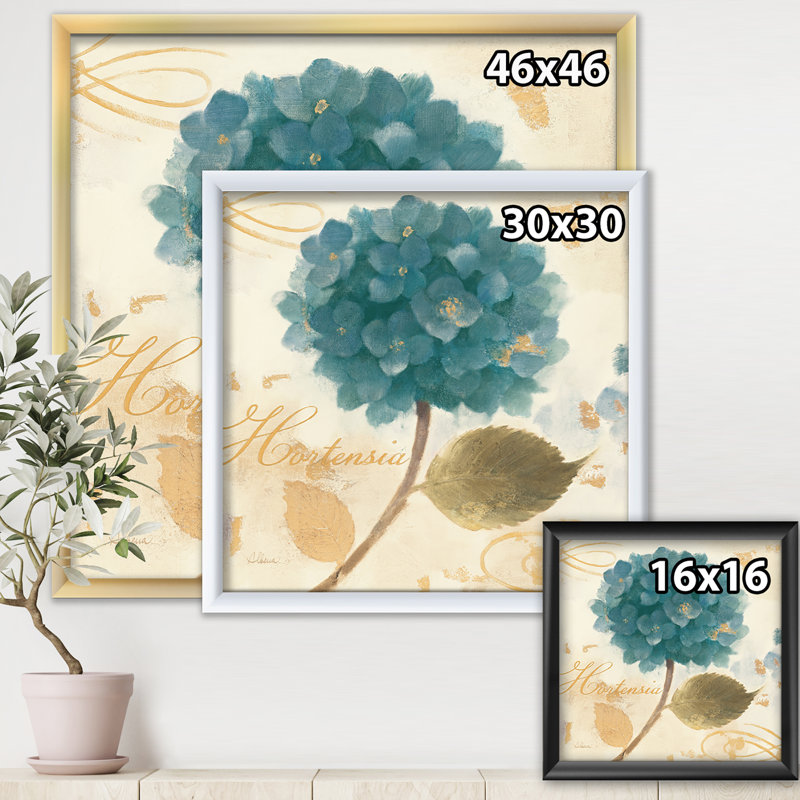 « blue maison fleur hortensia i », reproduction d’image sur toile, H 30 po x l 30 po x P 1 po, Cadre noir