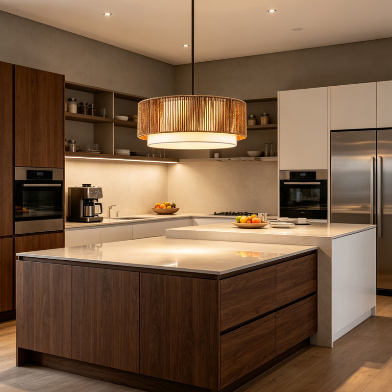 Lustre tambour en rotin 3 lumières tissé à la main pour la cuisine, la salle à manger