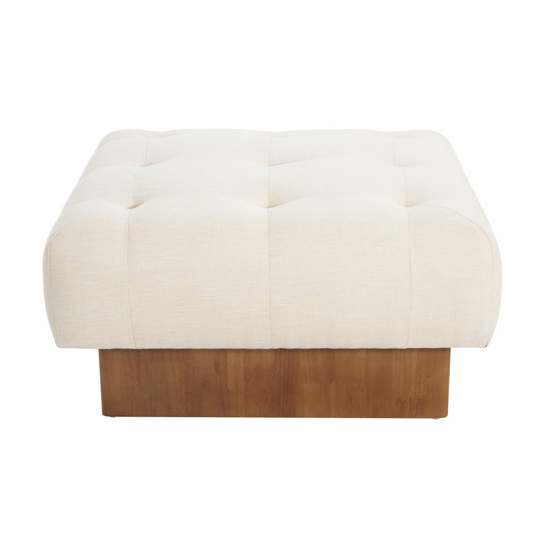 Serava Contemporary Square Upholstered Linen-Blend Tufted Ottoman With Solid Wood Legs
