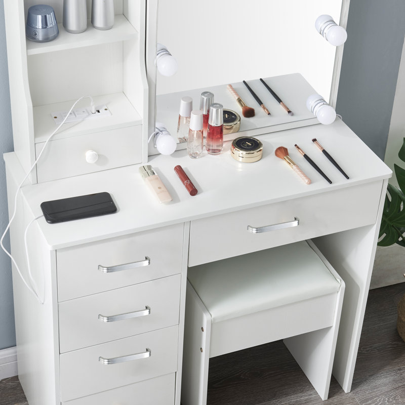 Bureau de coiffeuse avec miroir et prise de courant Geerlien, 6 tiroirs, 3 tablettes de rangement, 3 modes de couleur et luminosité réglable pour la chambre à coucher