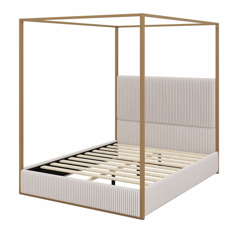 Modern Luxury Metal Canopy Bed With Tall Upholstered Headboard And Four Poster, Queen, Gold/Beige
