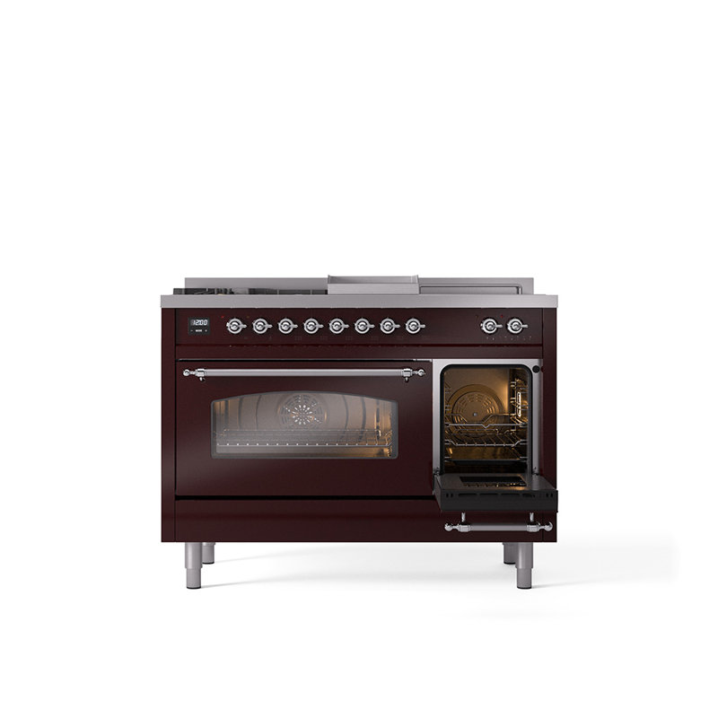 ILVE Nostalgie II 48 Dual Fuel Range, Burgundy/Chrome, Natural Gas