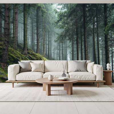 Forest Peel and Stick Wallpaper Calm Pine Forest Landscape Gentle Fog Mossy Ground Wall Murals 69"H x 96"W Removable PVC Wall Paper Self-Adhesive Wall Paintings Art Decor for Cabin Bedroom Living Room