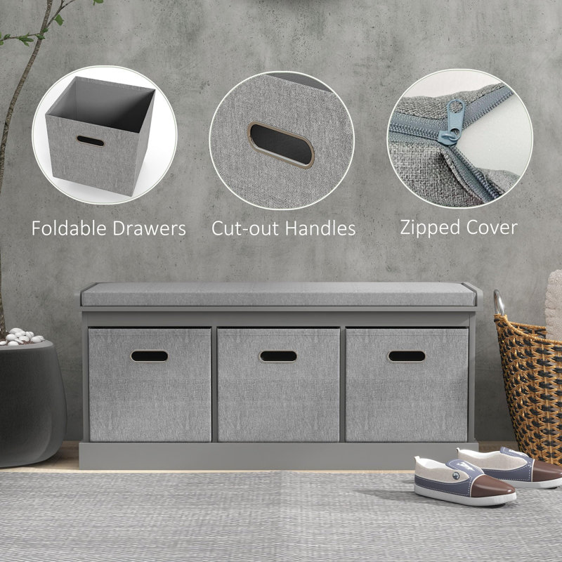 Shoe Bench with 3 Fabric Baskets, Grey