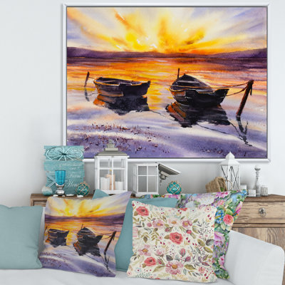 Coucher de soleil et deux petits bateaux stationnant sur la côte - Peinture sur toile