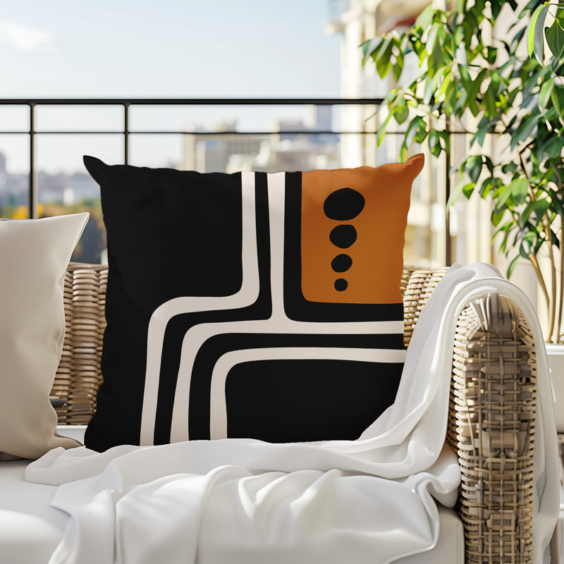 Oreiller carré réversible intérieur / extérieur Tobe Minimalist, H 17 po x l 17 po, Orange brûlé / noir / blanc cassé