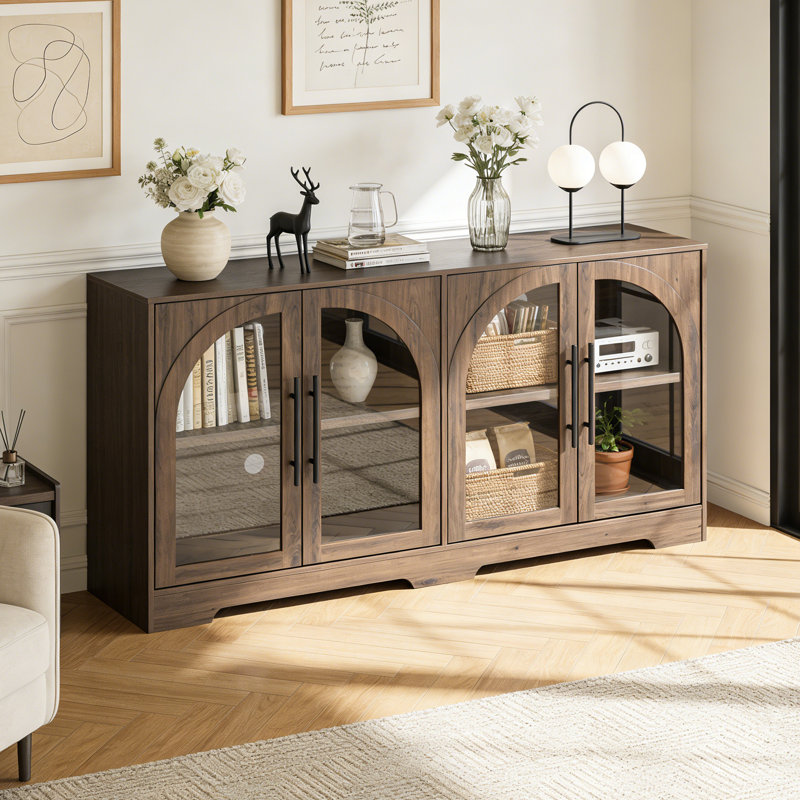 Buffet de 55 po de style rustique avec portes en verre arquées, buffet moderne avec rangement et tablettes réglables, pour la cuisine, le salon et le vestibule