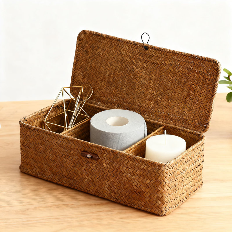Storage Basket With Lid & 3 Compartments, Woven Organizer For Bathroom, Toilet, Shelf, And Countertop, Natural Hand-Woven Design For Toiletries, Cosmetics, And Essentials