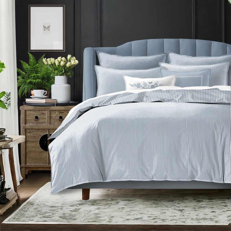 Ruben Stripe Reversible Cotton Duvet Cover Set, Cornflower, Queen Duvet Cover + 2 Queen Shams