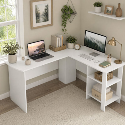 Bureau d'ordinateur en coin en L 51 pouces blanc avec tablette pour moniteur 2 tablettes et gestion des câbles pour poste de travail en coin