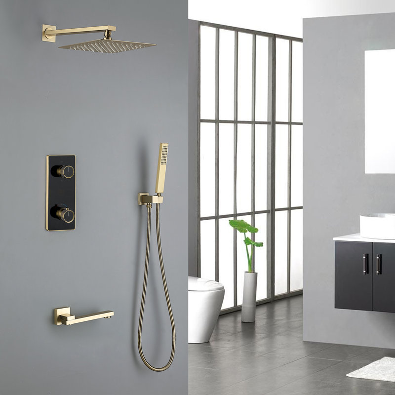 Système de douche mural thermostatique numérique à 3 fonctions à bouton-poussoir, Or brossé