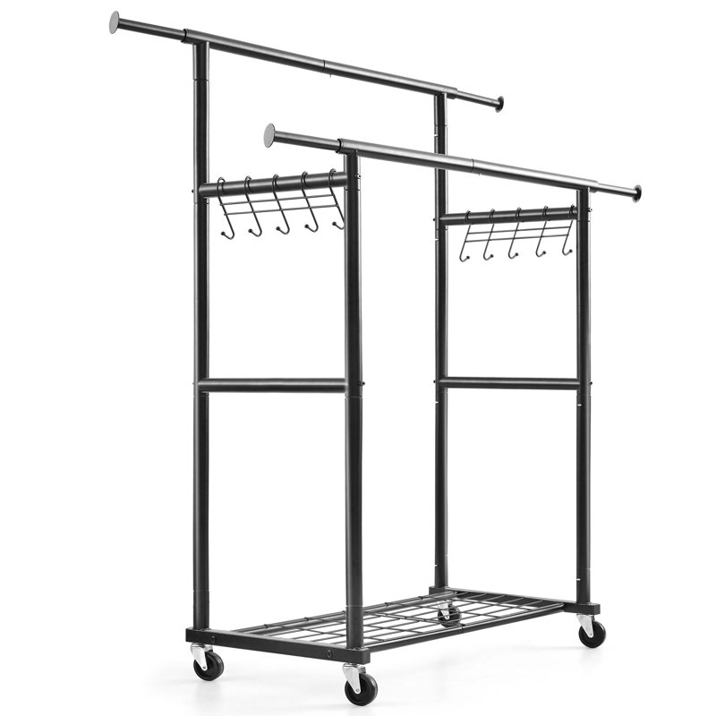 Double Rail Freestanding Clothes Rack, with Mesh Board and Side Hooks, Black