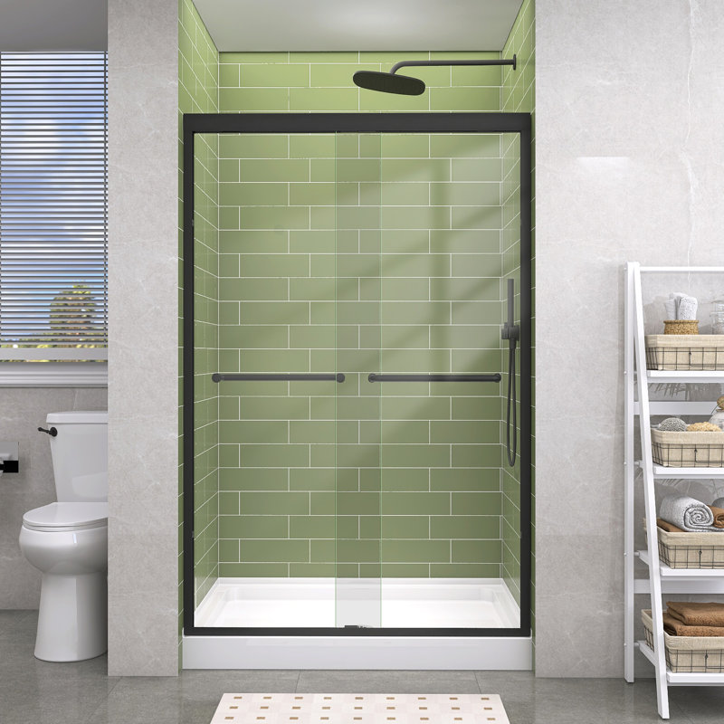 Porte de salle de bain double coulissante en alcôve avec verre trempé de 44 à 48 po x H 72 po, Noir mat