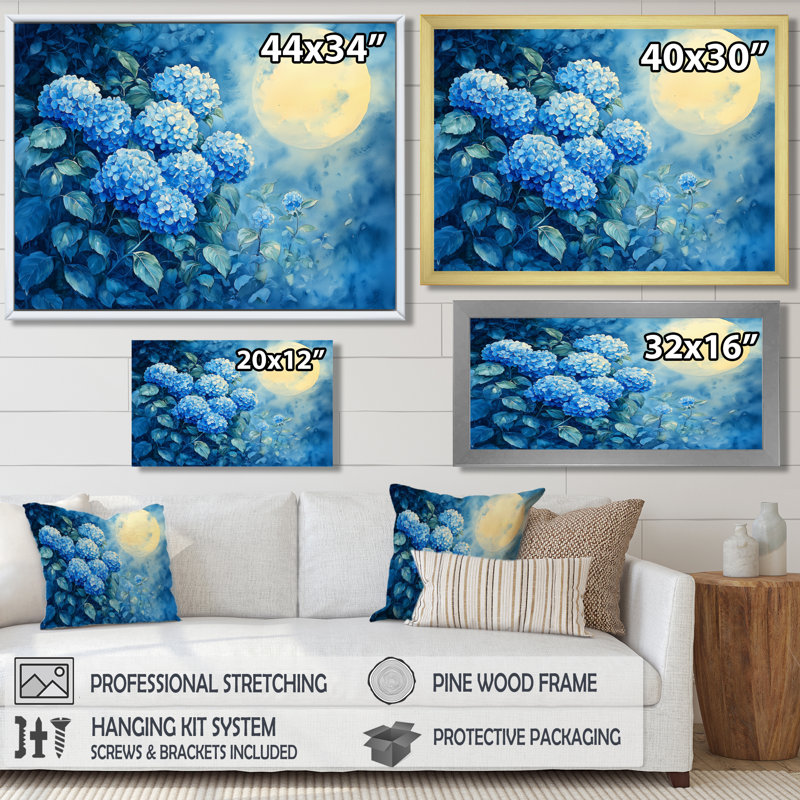 Hortensias sous le clair de lune II - hydrangées, art mural, 12" H x 20" W, Impression sur cadre flottant, Noir