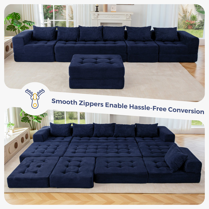 Boneless U Shaped Modular Sectional Sofa Couch, 15" H x 135" W x 63" D, Blue Corduroy