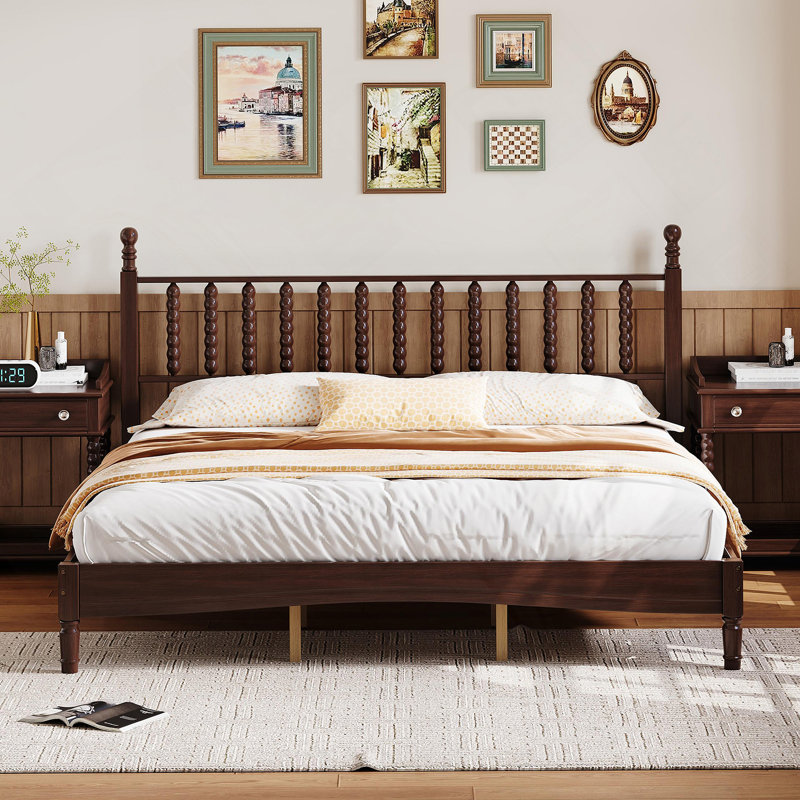 Lit plateforme très grand en bois avec tête de lit en forme de gourde, lit plateforme de style rétro avec support en lattes de bois