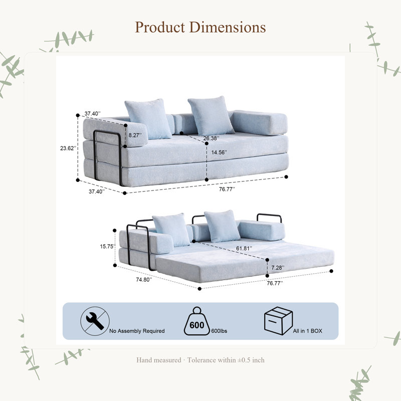 Canapé-lit convertible avec coussin, dossier et accoudoirs, tissu chenille confortable pour le salon et la chambre à coucher