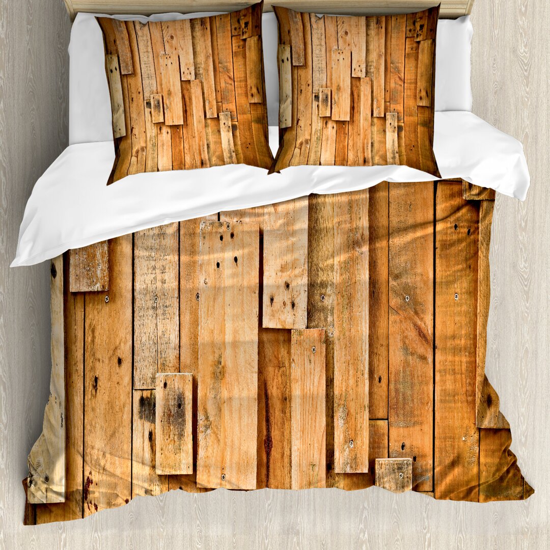 Bettbezug Set, Lodge Wall Planks Drucken, Holz, Orange