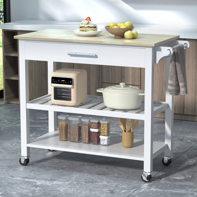 Chariot pour îlot de cuisine, îlot de cuisine roulant avec plateau en bois d'hévéa, Blanc