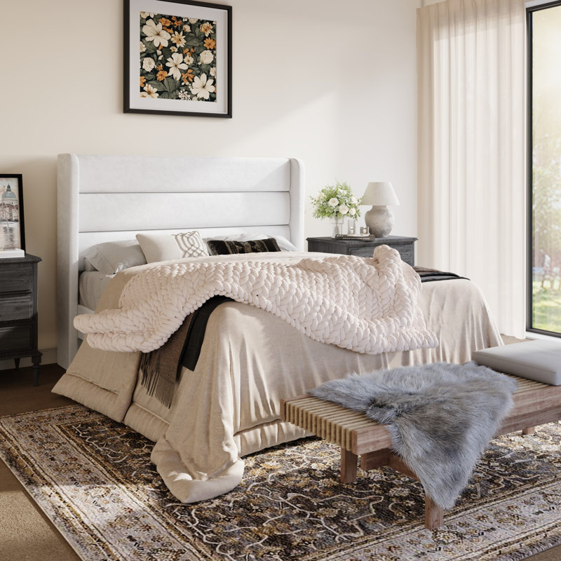 Modern Velvet Upholstered Platform Bed With Wooden Slats Wingback Headboard Included, Full, White