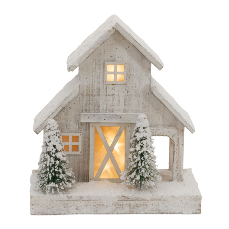 LED Flocked Winter Barn Display, White, 14" H x 6.5" W x 12.75" D