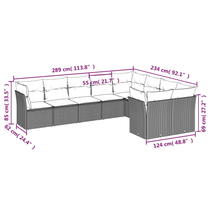 Ensemble de canapé de patio 9 pièces avec coussins en polyester noir Latitude Run®, Gris, Marine
