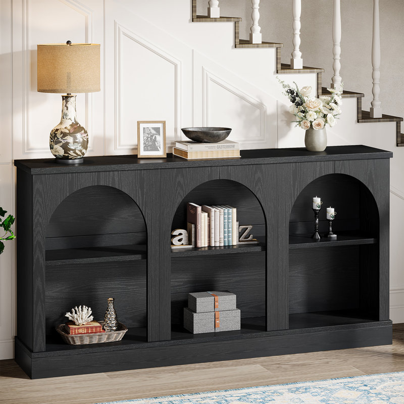 63-Inch Long Farmhouse Wooden Rectangular Entryway Console 3 Tier Storage Sofa Table Behind Couch