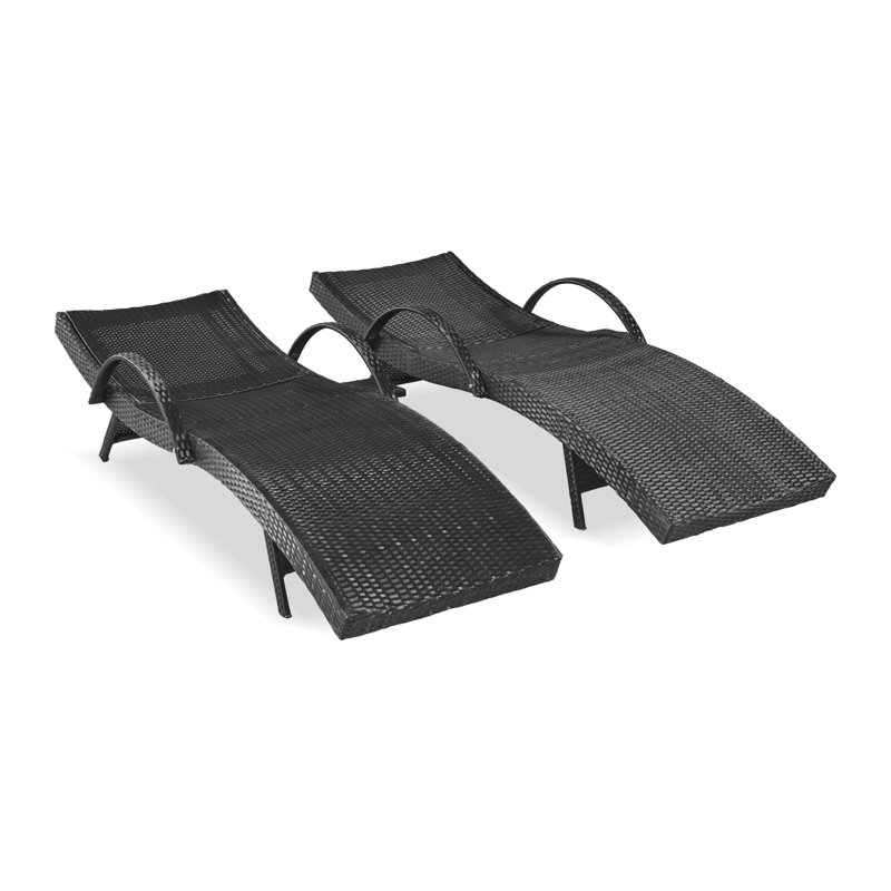 80'' Outdoor Wicker Chaise Lounge Chairs Set of 2, Patio Rattan Reclining Chair Pull-out Side Table Adjustable Backrest Ergonomic Wave Design Pool Sunbathing Recliners