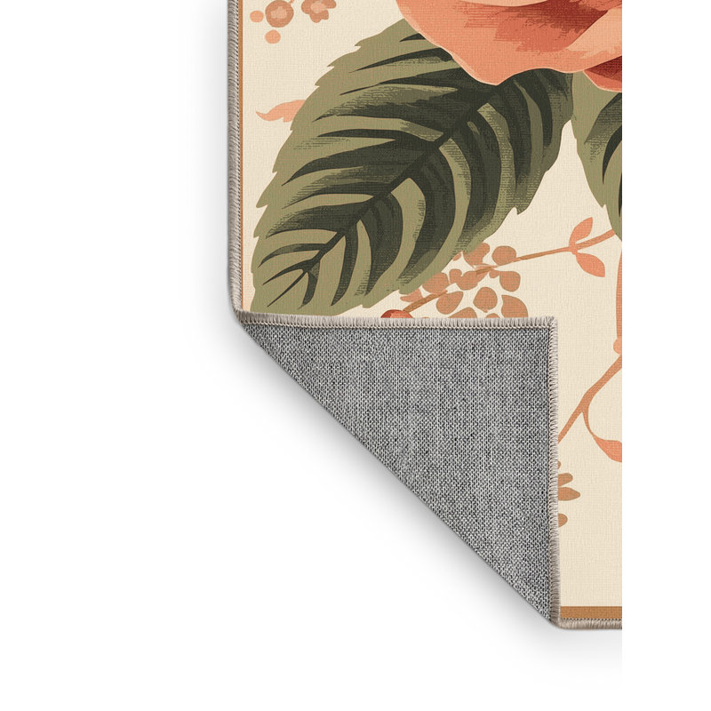Machine Washable Paesyn Camellia French Floral Rug in Beige – Beige Binding, 6' Square