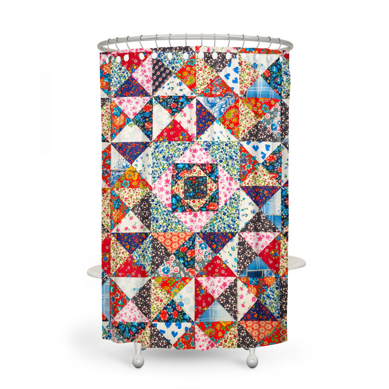 Rideau de douche simple Patchwork + crochets, H 83 po x l 70 po