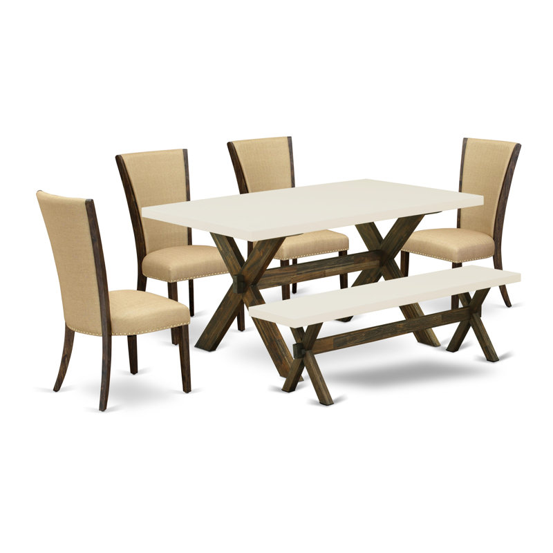 6 Piece Kitchen Table Set Contains a Rectangle Dining Table with X-Legs and 4 Brown Linen Fabric Parson Chairs with a Bench, Distressed Jacobean Finish