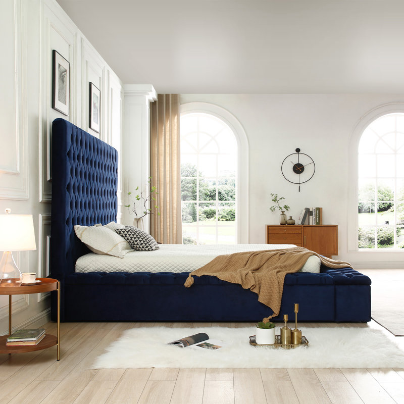 Lit plateforme tapissier Mikara, Bleu, Très grand