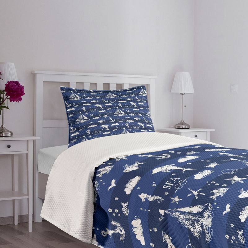 Navy Blue Quilted Twin Bedspread Set with Nautical Design