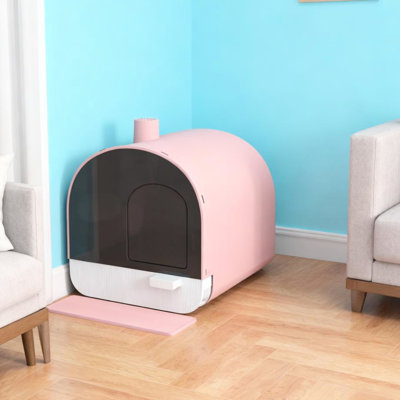 Pink Plastic Cat Litter Box With Entrance Mat And Filter - Private Space For Kittens Small Cats, Removable Tray Easy Maintenance, To Stop Smells, Attached Side, Hut Shape Decor, Assembly Needed Lid