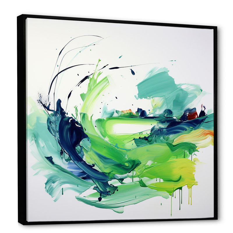 «Green Abstract Ink Expression III», art mural abstrait, Cadre flottant noir, H 16 po x l 16 po x P 1 po