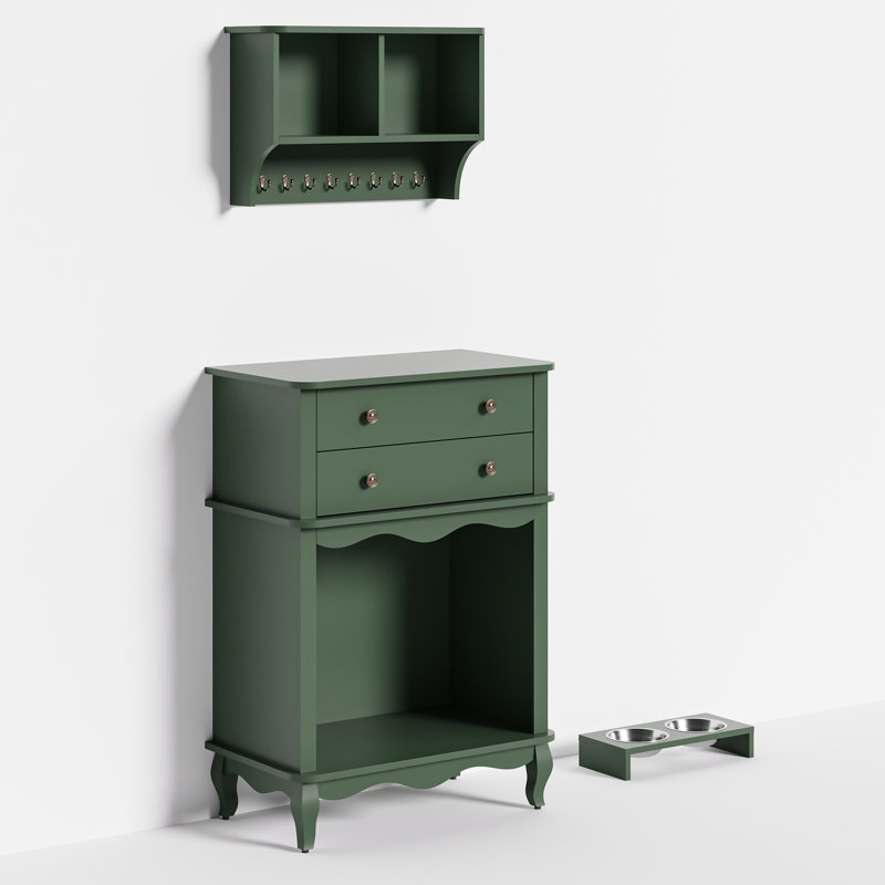 Blane 2-Drawer Accent Cabinet with Pet Bed Function,Elevated Bowls,Wall Storage Rack Set