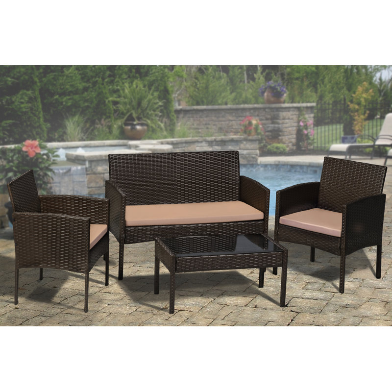  4-Piece Andover Mills Knopf Rattan Sofa Seating Group with Cushions