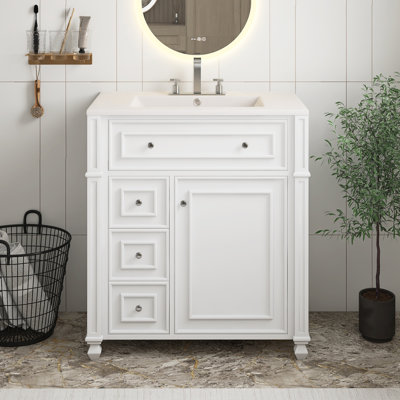 Meuble-lavabo blanc de 30 pouces avec lavabo en céramique, armoire de rangement avec portes à fermeture en douceur et organisateur de porte et tiroirs