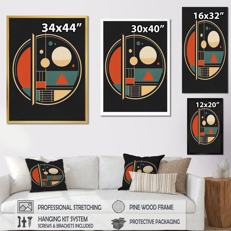 Paysage de pleine lune abstrait Mid-Century - reproduction sur toile, H 44 po x l 34 po x P 1,5 po, Cadre flottant doré