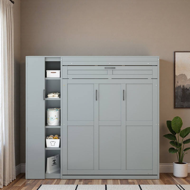 Lit escamotable mural Murphy avec tablettes, garde-robe et lumières DEL, Gris, Lit double