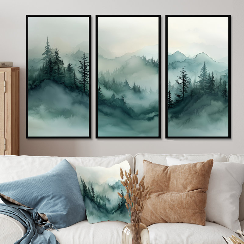 «Fading Light Gradient Forest Landscape II», art mural montagnes, 3 pièces, H 32 po x l 48 po, Noir