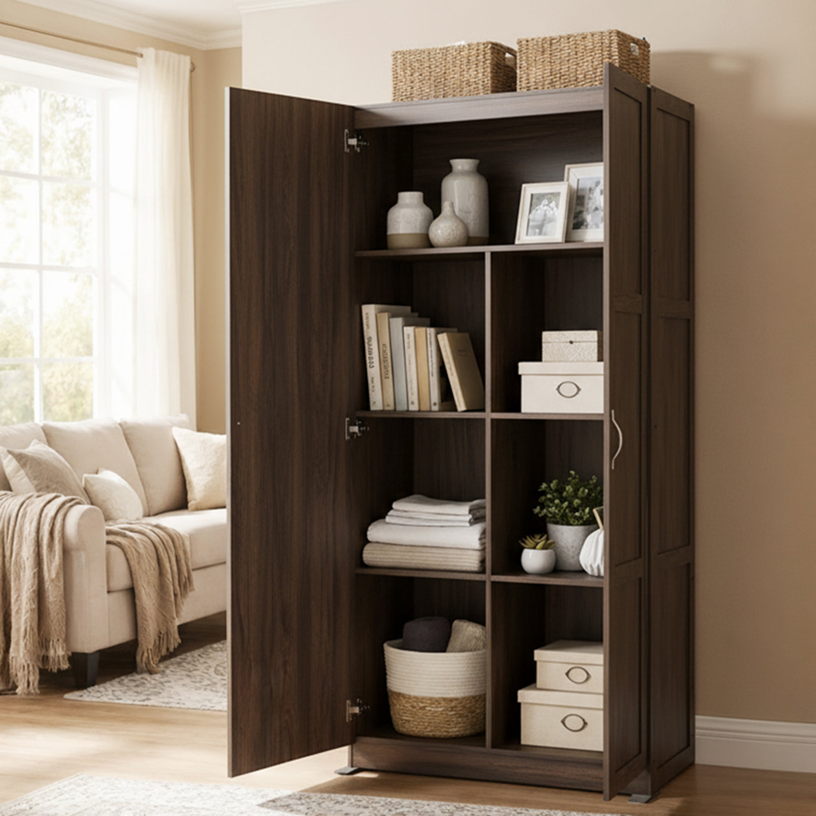 71‘’ H Storage Cabinet, Large Capacity Wardrobe, Wooden Storage Unit - Brown