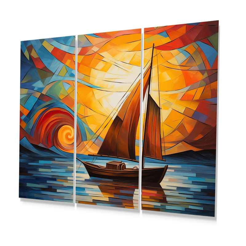 Lever de soleil coloré bateau à voile sur l'océan III - ensemble d'art mural de bateau à voile, Métal métal
